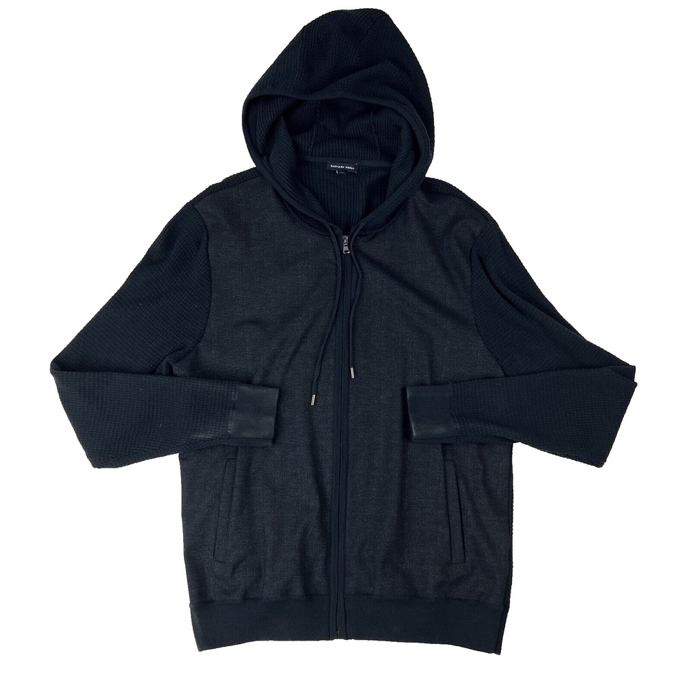 Zachary Prell Navy Blue Full Zip Hooded Cotton Cashmere Sweatshirt Mens Size L